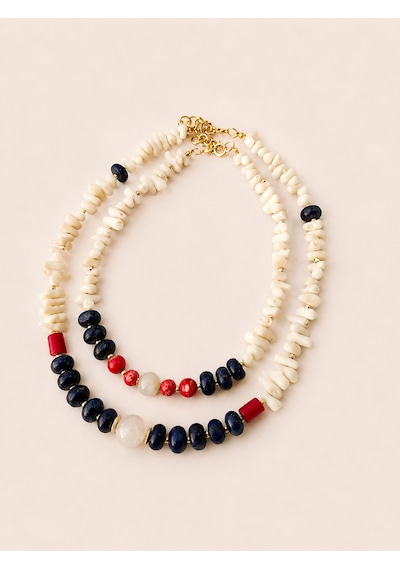 El Yapımı Doğal Taşlı İkili Kolye Beyaz Mercan, Lapis Lazuli, Jasper Ve Ay Taşı Kolye Mavi