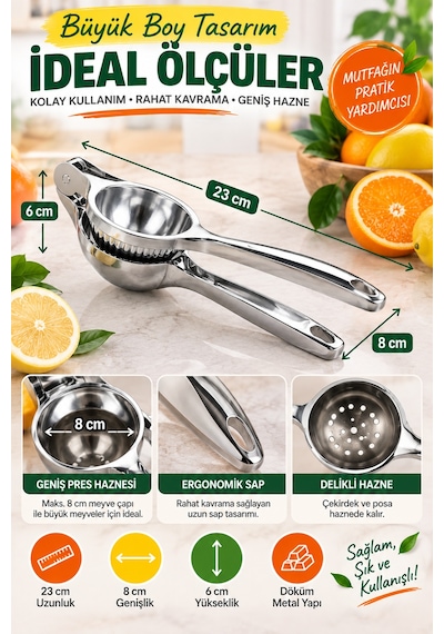 Büyük Boy Döküm Metal Narenciye Sıkacağı Portakal Limon Manuel Meyve Suyu Presi 23 Cm Çelik Renk Tip Gümüş