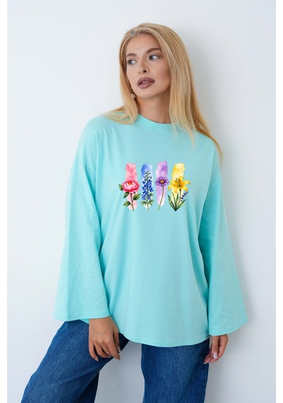 Herkesemoda Renkli Çiçekler Baskılı Tesettüre Uygun Oversize Body Yeşil
