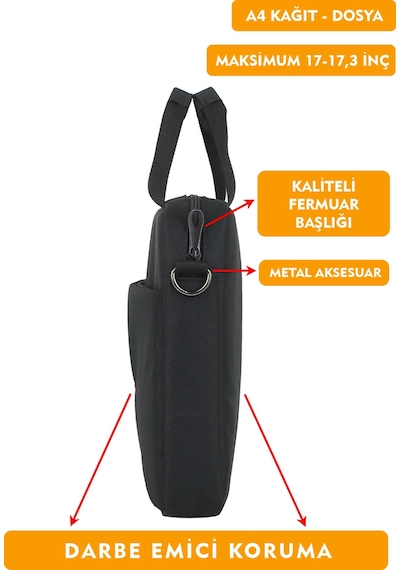 17"-17,3" İnç Laptop Evrak Çantası Tablet A4 Kağıt Ve Dosya Uyumlu Darbe Emici Koruma Omuz Askılı Siyah