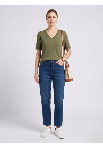 Neden Tekstil Kadın V Yaka Kısa Kollu Basic T-shirt - Yeşil