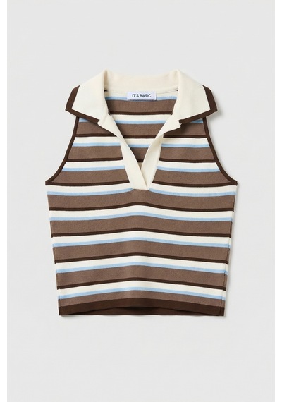 Kadın Mavi Kahve S6-103 Crop Fit Polo Yaka İnce Yazlık Triko Body