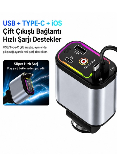3'ü 1 Arada Hızlı Araç Şarj Cihazı Usb + Type-c + İos Entegre Kablolu Pd Hızlı Şarj 180 Dönebilen Başlık Led Aydınlatmalı