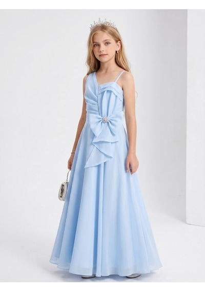 Zekids Kız Çocuk Asimetrik Drape Detaylı Fiyonklu Uzun Abiye Elbise-17327 Mavi