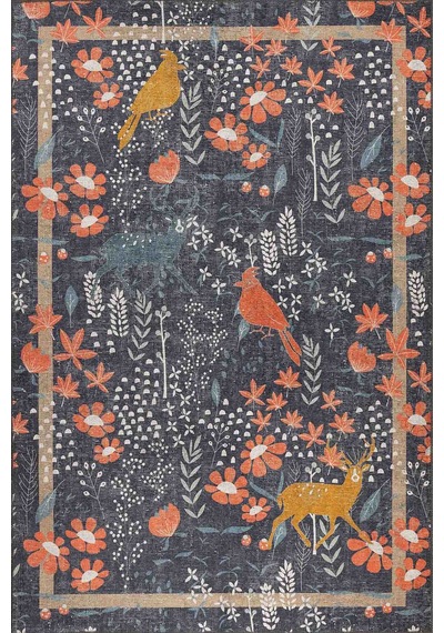 Florart Lacivert / Turuncu Doğa Temalı Çiçekli Dokuma Tabanlı Modern Şönil Halı Al 480 Lacivert