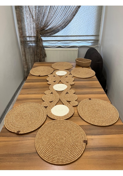Senza Atelier Lüks Jüt Masa Sunum Seti Dairesel Motifli Runner, 6 Lı Supla Ve Sepet Seti Hasır