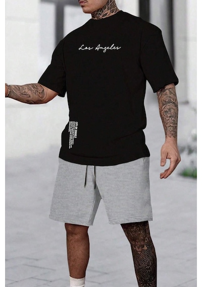 Uyguntarz Unisex Los Angles Detay Baskılı Şort Takım Siyah