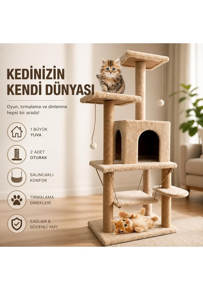 Çok Katlı Kedi Tırmalama Evi, 115 Cm Yüksek Geniş Salıncaklı Komple Kumaş Kaplı 1 Büyük Yuvalı 2 Oturaklı K