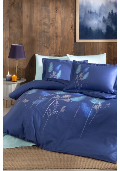 Soft Leaf Çift Kişilik Pastoral Saten Nevresim Takımı Mavi