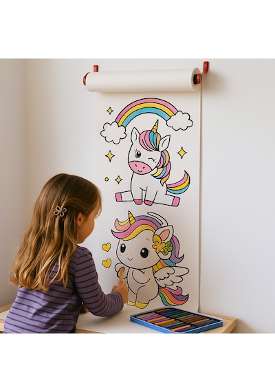 Dikey Unicorn Boyama Rulosu 4 Metrelik Duvara Asılabilir Çocuk Aktivite Kağıdı
