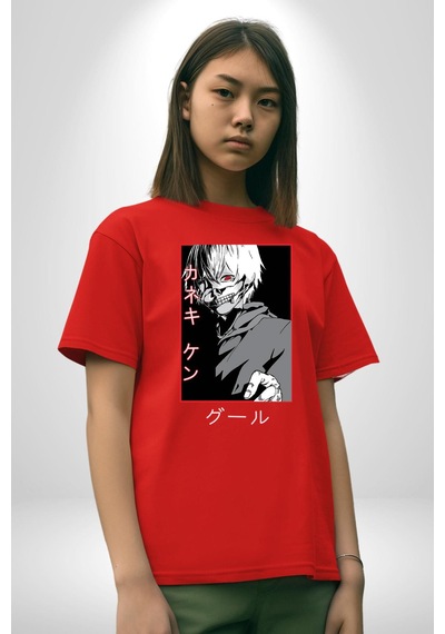 Kaneki Ken Kuma Japon Anime Şeytan Pamuklu Bisiklet Yaka Unisex Oversize Boyfriend Dijital Baskılı Kırmızı T-shirt Kırmızı