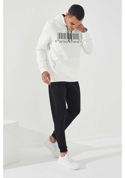 Tommy Life Ekru Nakışlı Kanguru Cep Standart Kalıp Kapüşonlu Erkek Sweatshirt - 87839 Ekru
