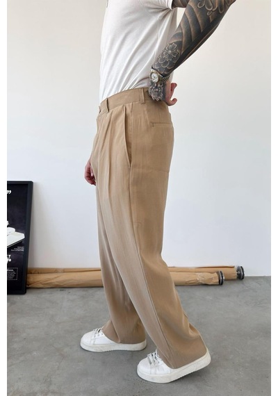 Bej Pileli Modal Kumaş Baggy Pantolon Bej