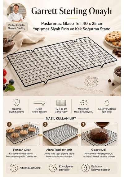 Glaso Teli 40x25 Cm - Paslanmaz Yapışmaz Siyah Fırın Ve Kek Soğutma Standı, Çikolata Izgarası, Çıtır Kurabiye Diğer