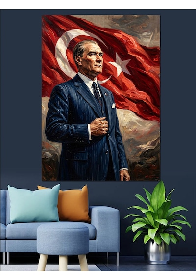 Türk Bayrağı Önünde Asil Atatürk Dekoratif Kanvas - Mdf Ahşap Tablo