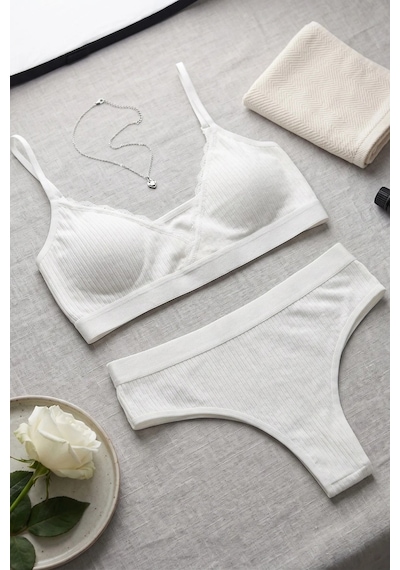 Kadın Ekru Çıkarılabilir Pedli Fitilli Dantelli Bralet Takımı 71226340