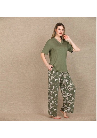 Online Kapsulavm Avm Alışveriş Kapsulavm Şık Tasarım Çiçek Desenli Yeşil Kısa Kol Viskon Pijama Takımı