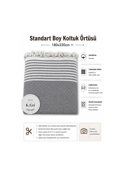 Pamuklu Kaymaz Hasır Dokuma Koltuk Örtüsü 180x220 - Koyu Gri