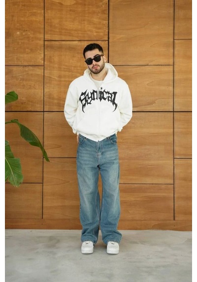 Mbb E-ticaret Erkek Kapüşonlu 3 İplik Şardonlu Önü Baskılı Fermuarlı Oversize Sweatshirt - Beyaz