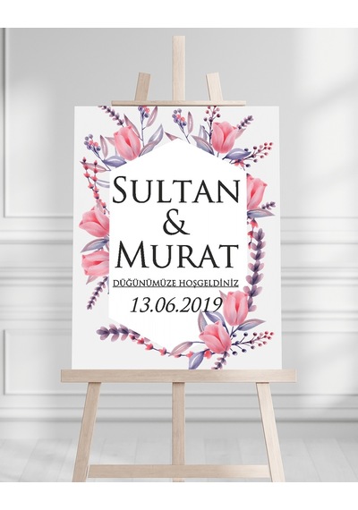 Söz Nişan Düğün İçin 50x70 Karşılama Panosu - Renkli Çiçek Ve Yaprak Tasarımlı 002 Beyaz