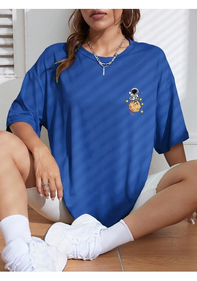 Unisex Galaksi Tasarım Basklı Tshirt Mavi