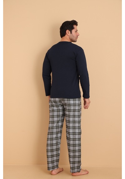 Wordex Flk 7014 İnterlok Kışlık Ekose Pijamalı Erkek Pijama Takımı Lacivert