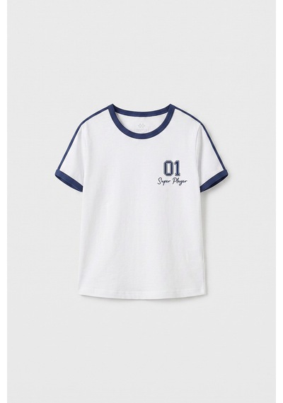 Beyaz Omuz Biye Detaylı Baskılı Kız Çocuk T-shirt - 75181