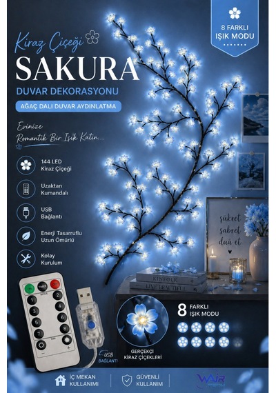 Kiraz Çiçeği Sakura Led Duvar Dekoru 144 Led Ağaç Dalı Işık, 8 Mod, Kumandalı Mavi