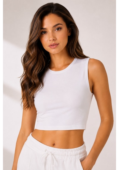 Loule Kadın 2'li Bisiklet Yaka Kolsuz Crop Top Kahverengi-beyaz Çok Renkli
