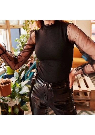 Femina Trendy Örme Krep Kadın Bluz Siyah