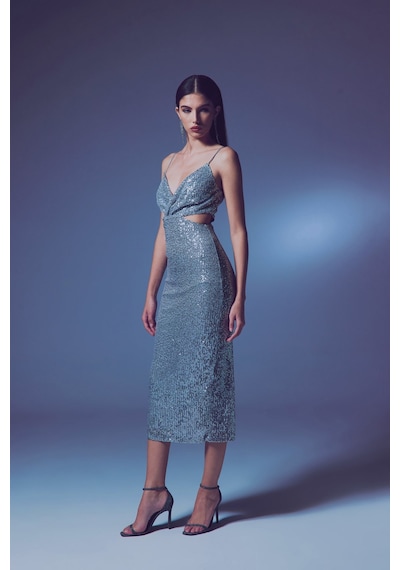 Sateen Dekolteli Payet Elbise - Gümüş-135647 Gümüş