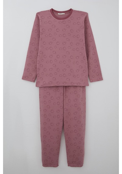 Breeze Kız Çocuk Pijama Takımı Elma Desenli Beli Paçası Lastikli 9-12 Yaş, Gülkurusu