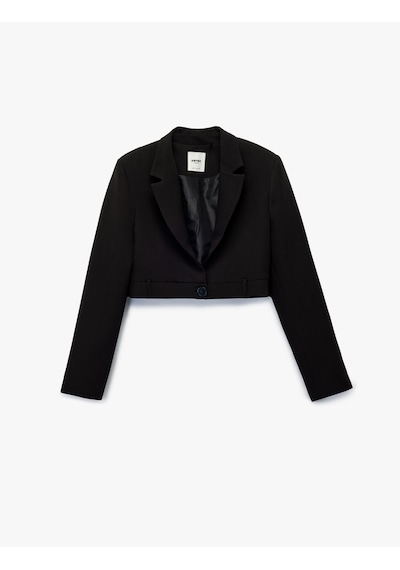 Koton Uzun Kollu Düğmeli Geniş Yaka Crop Blazer Ceket Siyah 6wak50103uw Siyah