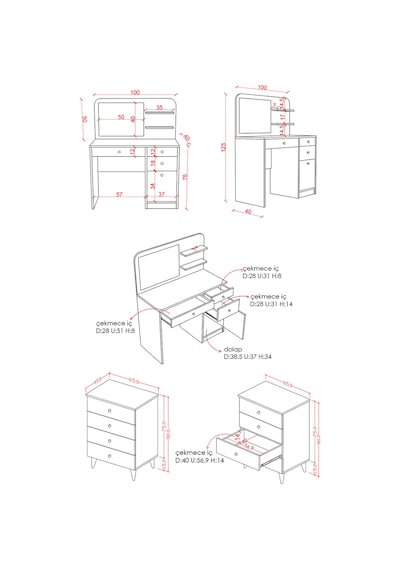 Yatak Odası Takımı 5 Parça %100 Mdf Gardırop Şifonyer Makyaj Masası Komodin Ytk01
