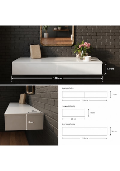 Mdf Makyaj Masası Ve Dresuar 120x30 Cm Çekmeceli Modern Tasarım Beyaz
