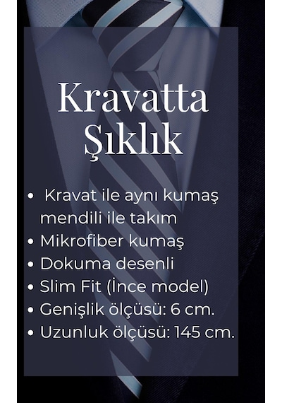 Gaffy Mavi Desenli Lacivert Dokuma Kumaş Mendilli Slim Fit Kravat // SDK-240110 Lacivert