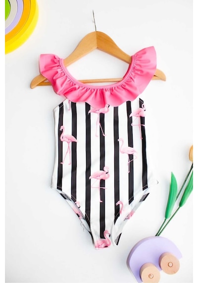 My Kids Wear Çapraz Fırfır Askılı Kız Çocuk Mayo Mavi - Yeşil