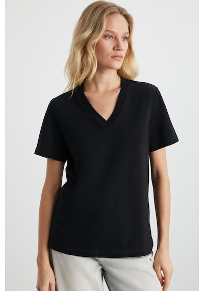Grımelange Alıne Kadın %100 Organik Pamuk Derin V Yakalı Comfort Fit Siyah T-shirt Siyah