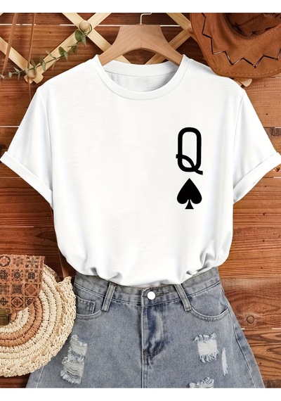 Uyguntarz Unisex Q Maça Kızı Baskılı Tasarım Tshirt Beyaz
