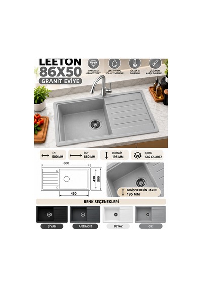 Granit Evye Leeton Series Beyaz Renk En :500mm Boy :860 Mm Derinlik :195 Mm