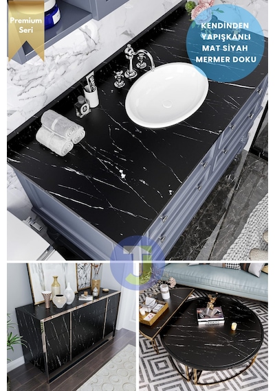 Technojet Kendinden Yapışkanlı Mat Mermer Desen Folyo Mutfak Banyo Tezgah Duvar Kaplama 60cmx500cm Siyah