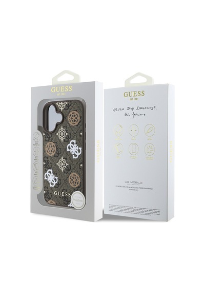 Apple Uyumlu iPhone 16 Plus Kılıf Guess Lisanslı Magsafe Şarj Özellikli 4g Desenli Yazı Logolu Peony Kahverengi