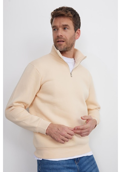Tudors Unisex Relax Fit Rahat Kesim Pamuklu İçi Polarlı Yarım Fermuarlı Ekru Dik Yaka Sweatshirt-29414
