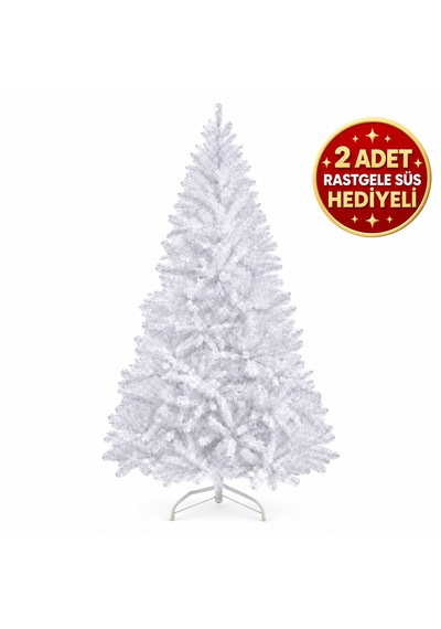 210 Cm 840 Dallı Beyaz Yapay Yılbaşı Çam Ağacı 2 Adet Rastgele Süs Hediyeli, Dolgun Görünümlü, Metal Ayaklı