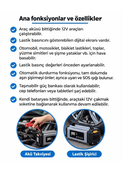 Mc6613-akü Takviye Cihazı Hava Pompası Reflektör Uyarı Işığı Camp Feneri Bisiklet Motorsiklet Araba Top Şişirmek İçin Başlık Tutma Saplı Şarj Edilebilir Powerbank Taşıma Çantalı