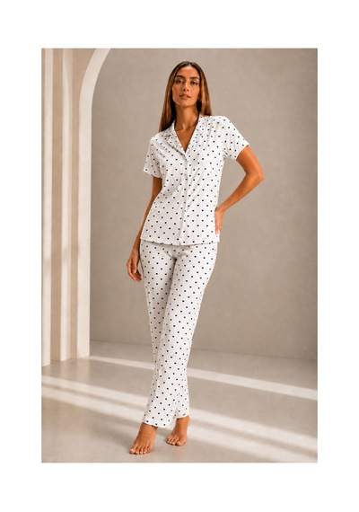 Fit Women Kadın Kısa Kol Rahat Kalıp Şık Kar Beyaz Pijama Takımı