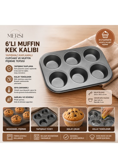 6'lı Muffin Kek Kalıbı Yapışmaz Kaplamalı Cupcake Ve Muffin Pişirme Tepsisi Granit Siyah