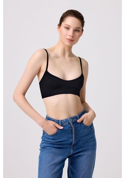 Cottonhill Premium - Kadın Siyah Seamless İp Askılı Crop Top Büstiyer Siyah