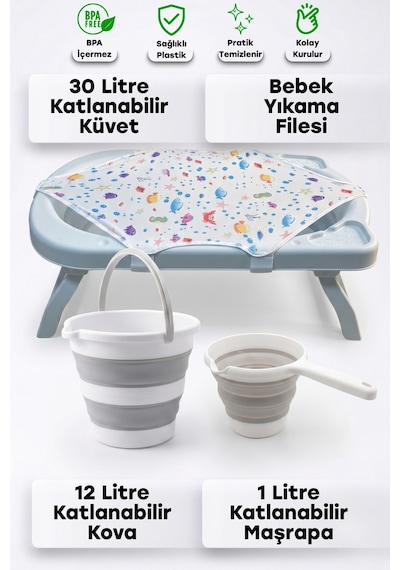 4'lü Bebek Yıkama Seti Kaymaz Taban, Katlanır Akordiyon Bebek Banyo Seti
