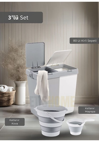 3'lü Banyo Seti Çamaşır Sepeti Katlanır Kova Katlanır Maşrapa Bpa Free Beyaz - Gri